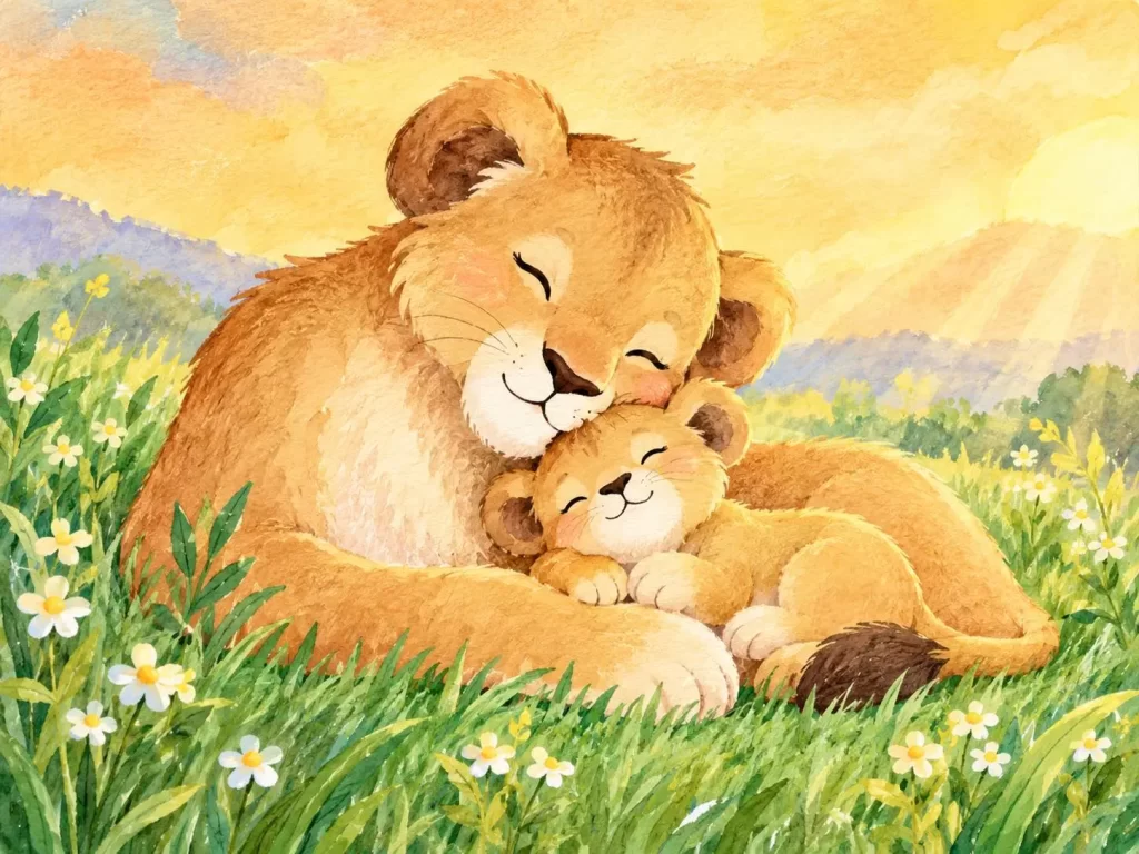 Lioness rests with her cub against her chest in a golden sunlit meadow.