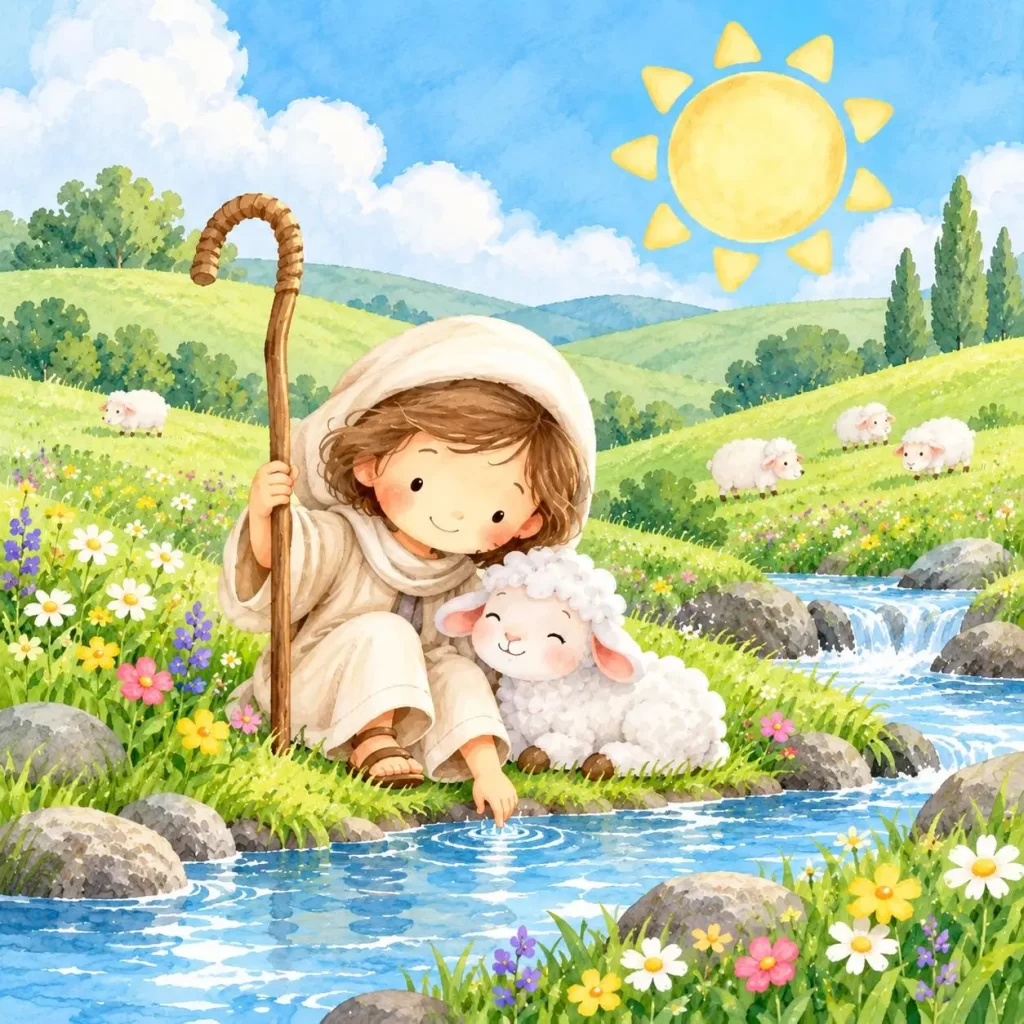 A young shepherd and white lamb sit beside a stream under a bright sun.