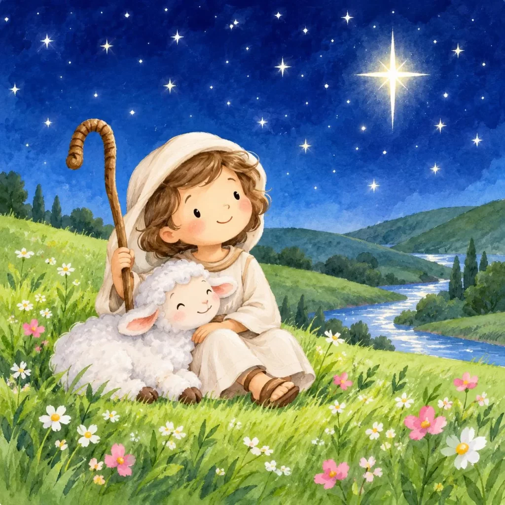 Young shepherd cuddles a lamb in a meadow beneath a brilliant starry night sky.