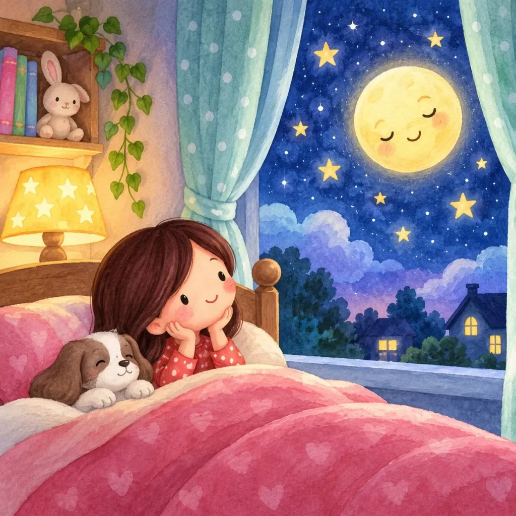 Watercolor illustration of a little girl in bed beside a sleeping puppy, gazing at a smiling moon and stars through her bedroom window.